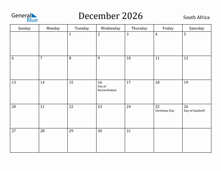 December 2026 Calendar South Africa