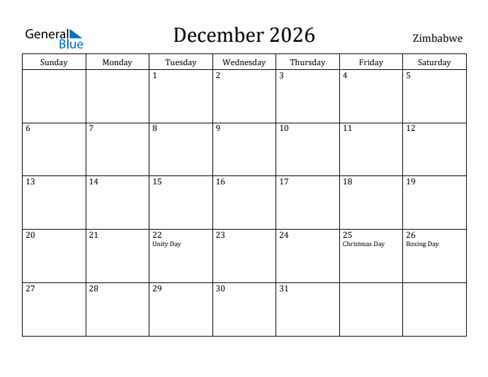 December 2026 Calendar Zimbabwe