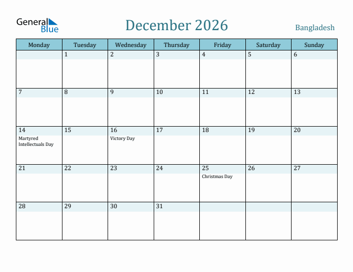 December 2026 Calendar with Holidays