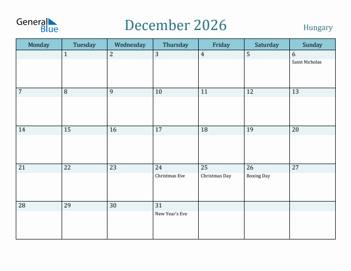 December 2026 Calendar with Holidays