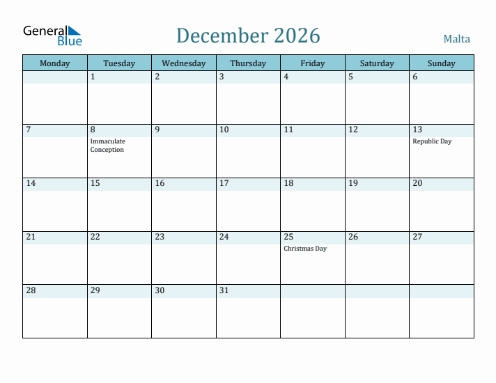 December 2026 Calendar with Holidays