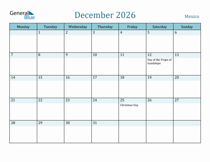 December 2026 Calendar with Holidays