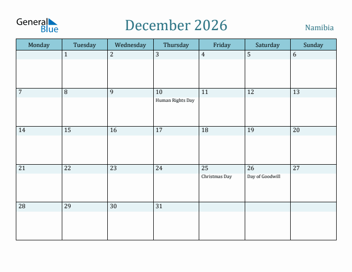 December 2026 Calendar with Holidays