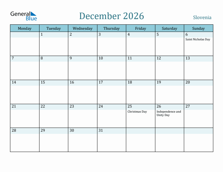 December 2026 Calendar with Holidays