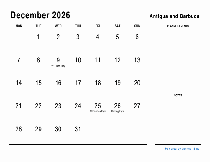 December 2026 Printable Monthly Calendar with Antigua and Barbuda Holidays