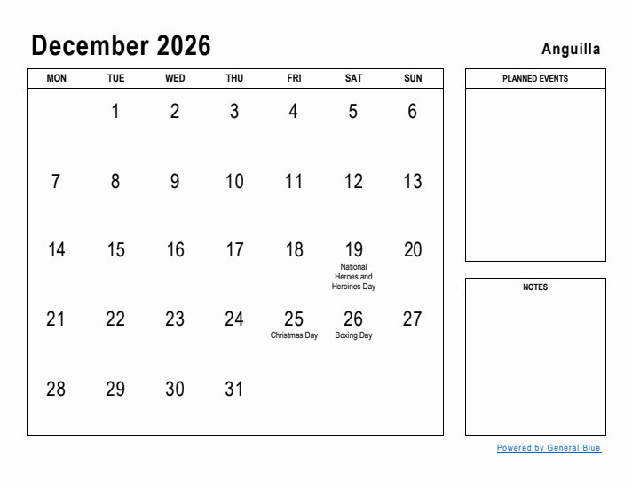 December 2026 Printable Monthly Calendar with Anguilla Holidays