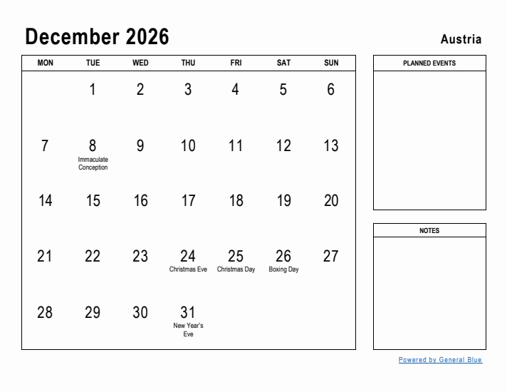 December 2026 Printable Monthly Calendar with Austria Holidays