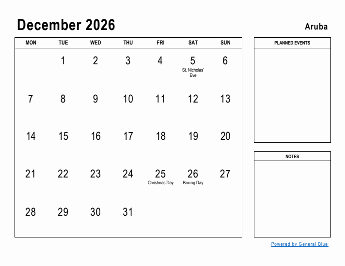 December 2026 Printable Monthly Calendar with Aruba Holidays