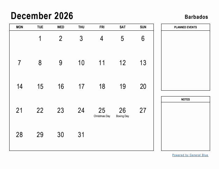 December 2026 Printable Monthly Calendar with Barbados Holidays