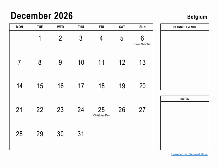 December 2026 Printable Monthly Calendar with Belgium Holidays