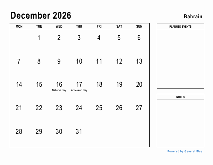 December 2026 Printable Monthly Calendar with Bahrain Holidays