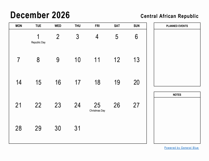 December 2026 Printable Monthly Calendar with Central African Republic Holidays