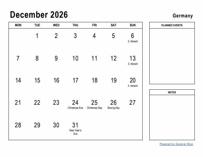 December 2026 Printable Monthly Calendar with Germany Holidays