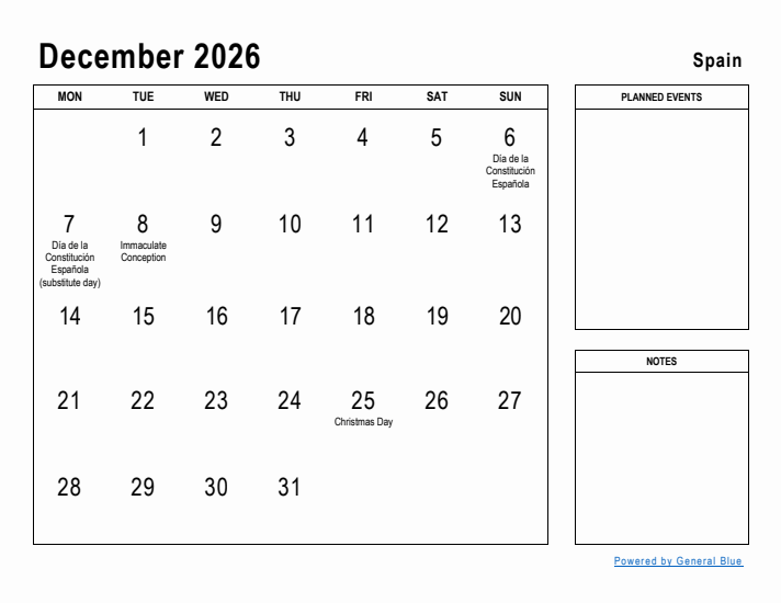 December 2026 Printable Monthly Calendar with Spain Holidays