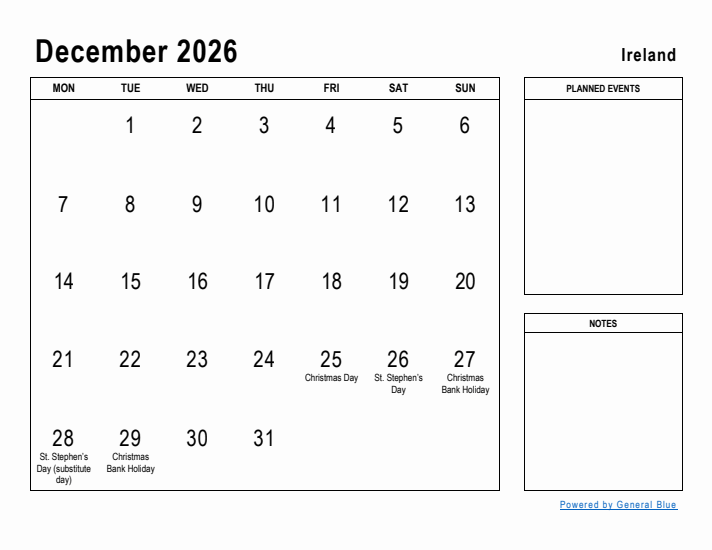 December 2026 Printable Monthly Calendar with Ireland Holidays