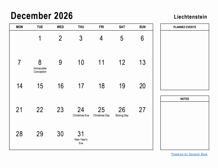 December 2026 Printable Monthly Calendar with Liechtenstein Holidays