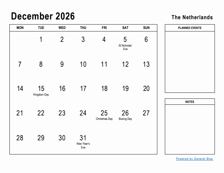 December 2026 Printable Monthly Calendar with The Netherlands Holidays