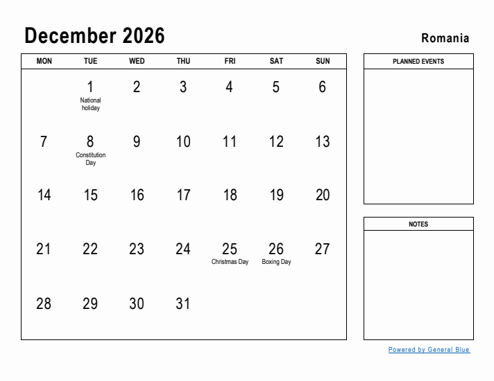 December 2026 Printable Monthly Calendar with Romania Holidays