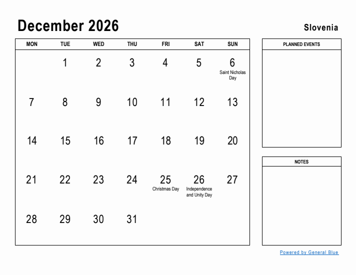 December 2026 Printable Monthly Calendar with Slovenia Holidays