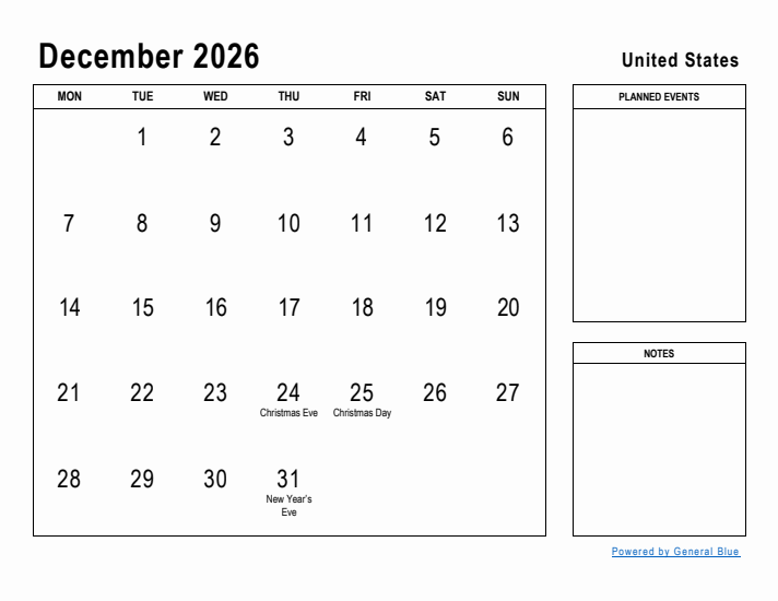 December 2026 Printable Monthly Calendar with United States Holidays