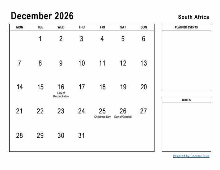 December 2026 Printable Monthly Calendar with South Africa Holidays