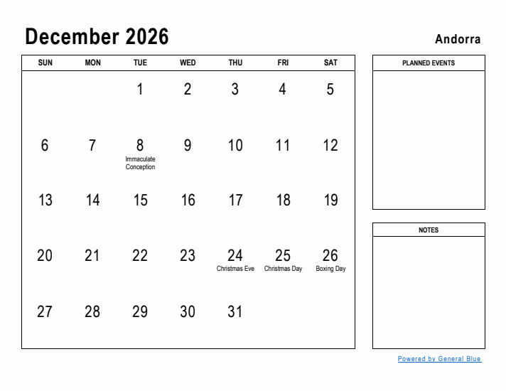 December 2026 Printable Monthly Calendar with Andorra Holidays