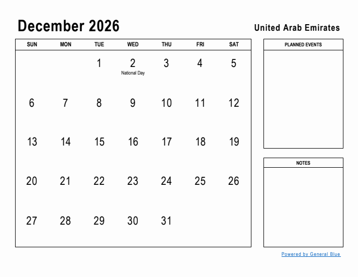 December 2026 Printable Monthly Calendar with United Arab Emirates Holidays