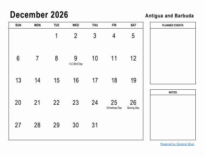 December 2026 Printable Monthly Calendar with Antigua and Barbuda Holidays