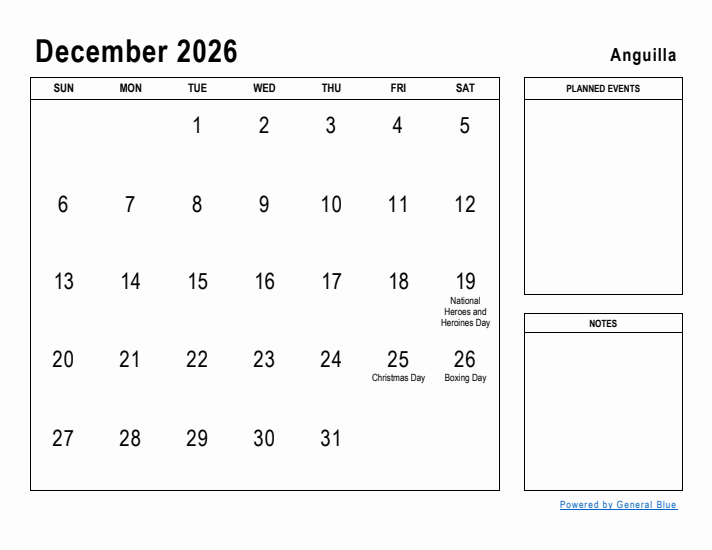 December 2026 Printable Monthly Calendar with Anguilla Holidays