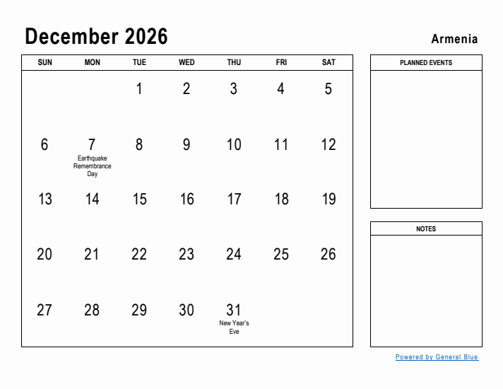 December 2026 Printable Monthly Calendar with Armenia Holidays