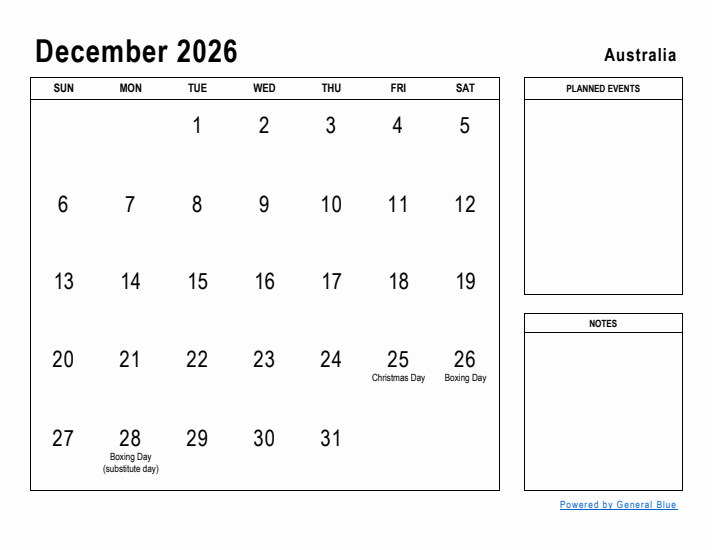 December 2026 Printable Monthly Calendar with Australia Holidays