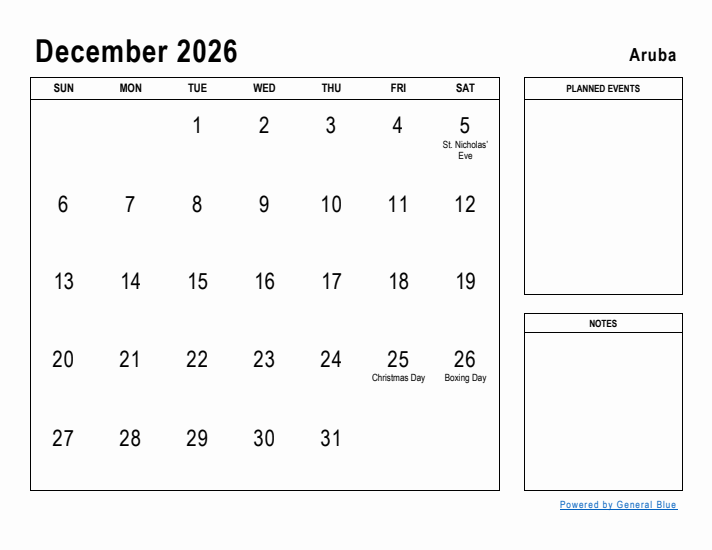 December 2026 Printable Monthly Calendar with Aruba Holidays