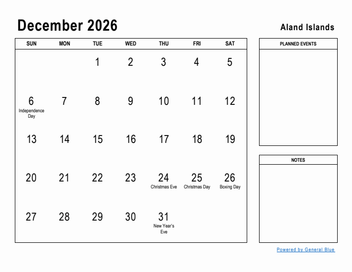 December 2026 Printable Monthly Calendar with Aland Islands Holidays