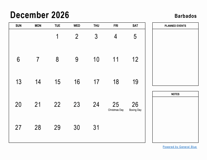 December 2026 Printable Monthly Calendar with Barbados Holidays