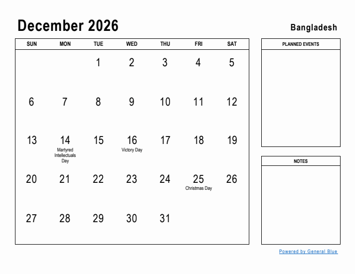 December 2026 Printable Monthly Calendar with Bangladesh Holidays