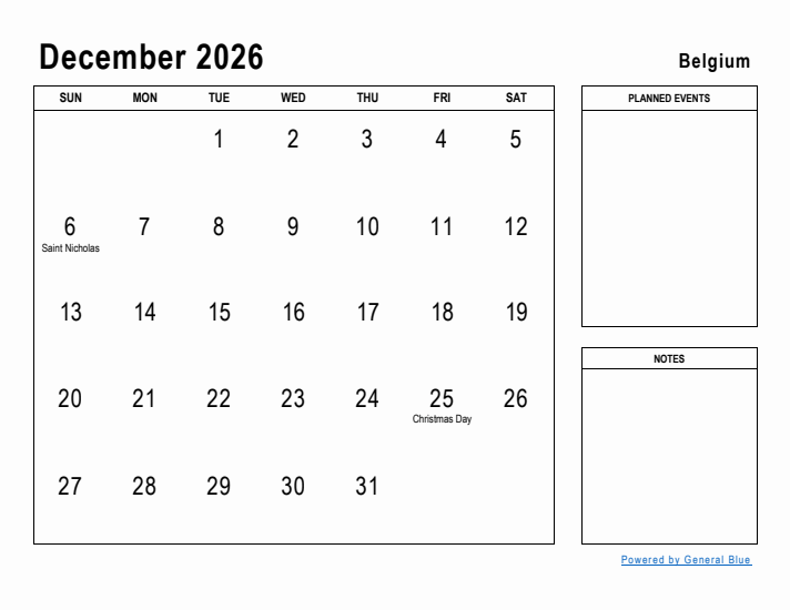 December 2026 Printable Monthly Calendar with Belgium Holidays