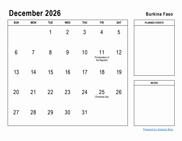 December 2026 Printable Monthly Calendar with Burkina Faso Holidays