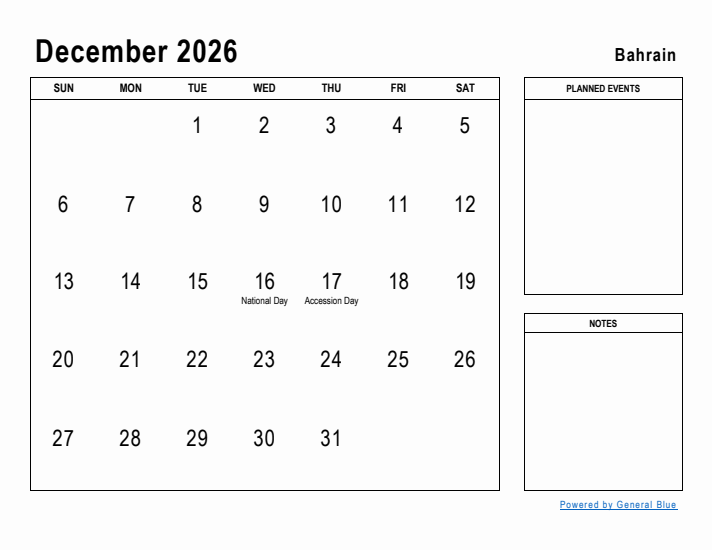 December 2026 Printable Monthly Calendar with Bahrain Holidays