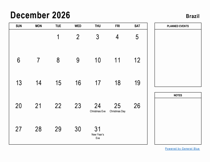 December 2026 Printable Monthly Calendar with Brazil Holidays