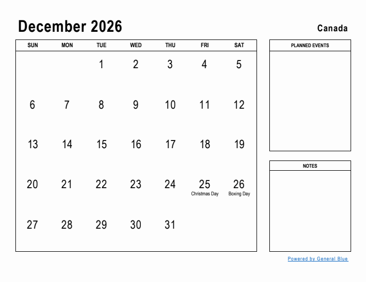 December 2026 Printable Monthly Calendar with Canada Holidays