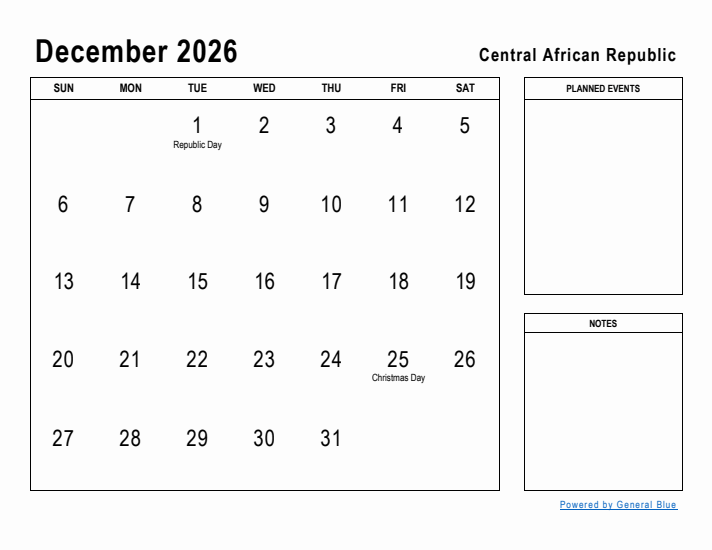 December 2026 Printable Monthly Calendar with Central African Republic Holidays