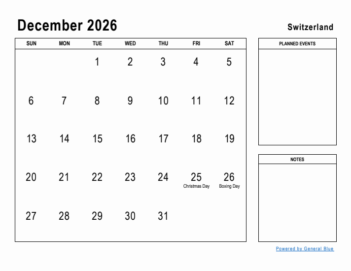 December 2026 Printable Monthly Calendar with Switzerland Holidays