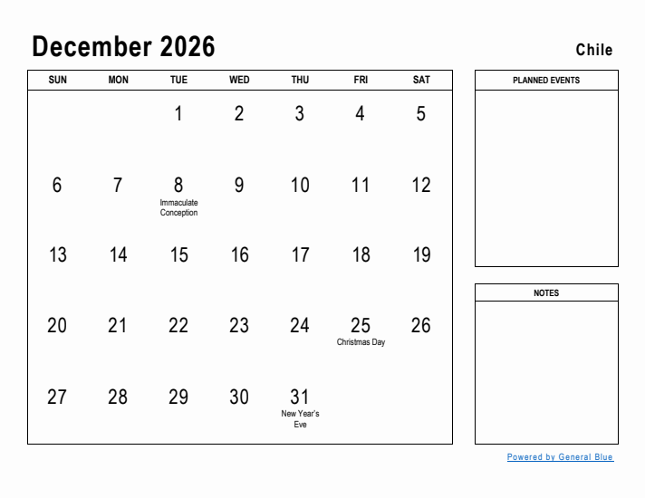 December 2026 Printable Monthly Calendar with Chile Holidays