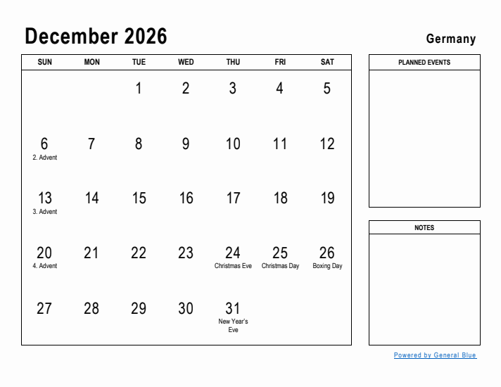 December 2026 Printable Monthly Calendar with Germany Holidays