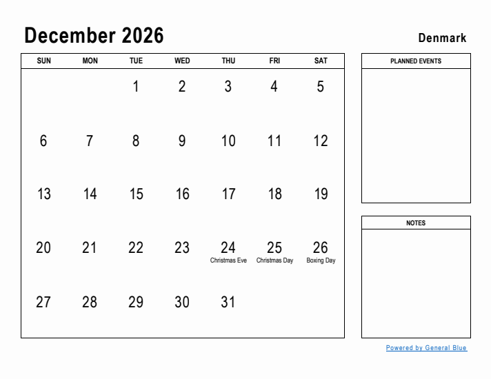 December 2026 Printable Monthly Calendar with Denmark Holidays