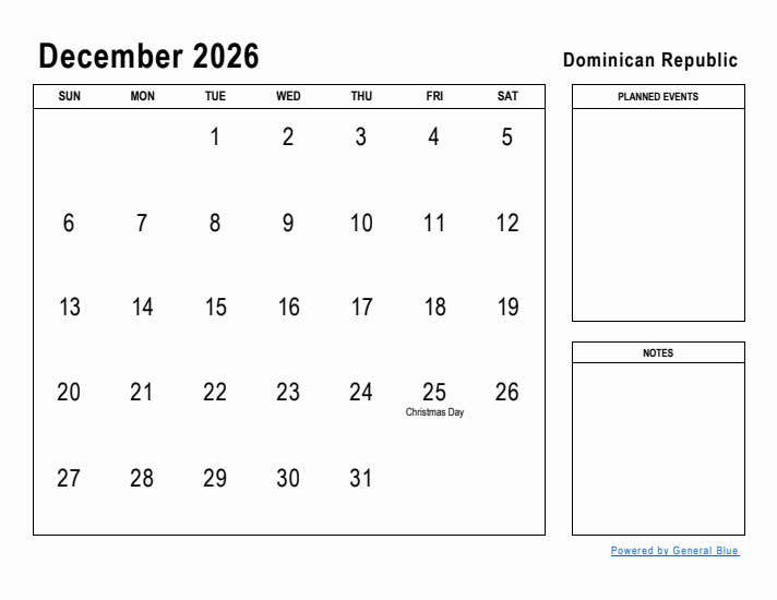 December 2026 Printable Monthly Calendar with Dominican Republic Holidays