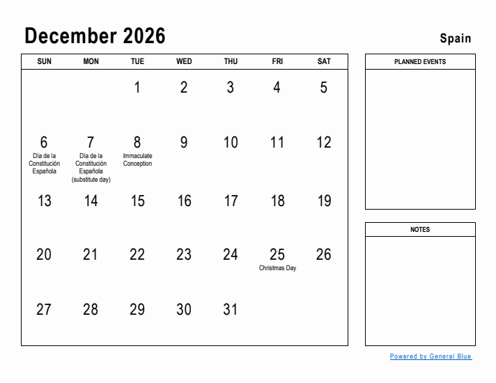 December 2026 Printable Monthly Calendar with Spain Holidays