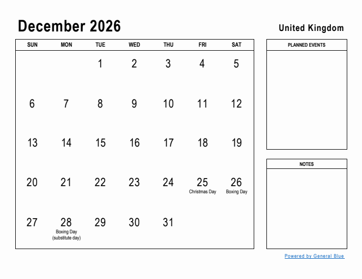 December 2026 Printable Monthly Calendar with United Kingdom Holidays