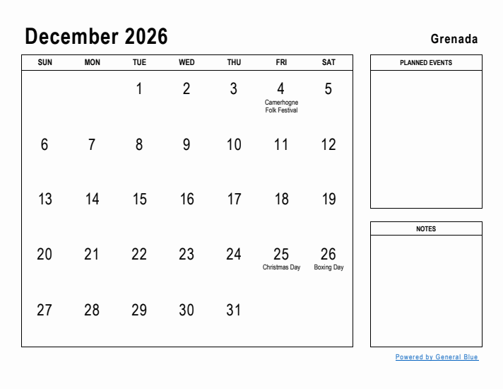 December 2026 Printable Monthly Calendar with Grenada Holidays