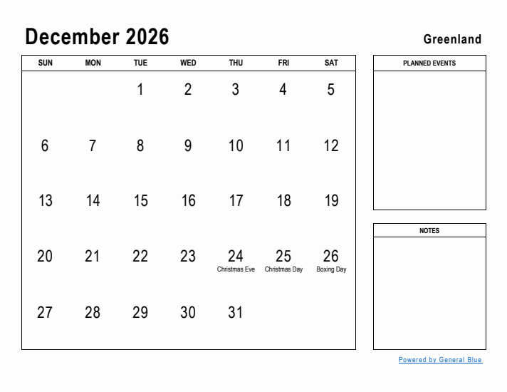 December 2026 Printable Monthly Calendar with Greenland Holidays